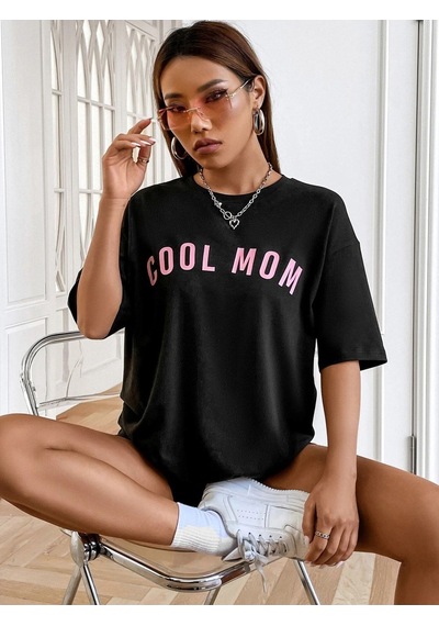 Cool Mom T-shirt - Siyah Baskılı Oversize Bisiklet Yaka Kısa Kol Tişört SIYAH