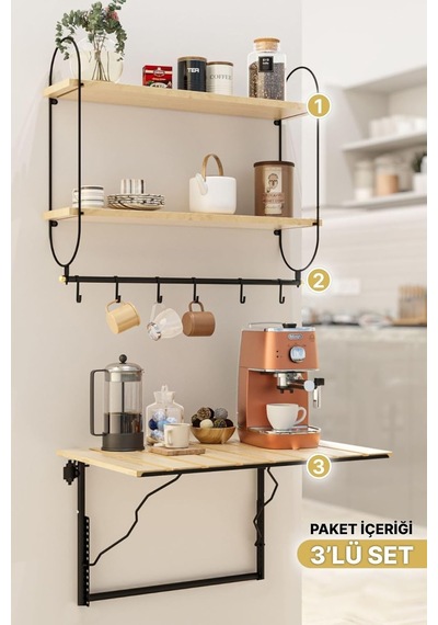 Tr Modern Kahve Köşesi 3'lü Set, Ahşap Vernikli Duvar Rafı, Metal Askılık, Katlanabilir Mutfak Masası, Siyah Genel