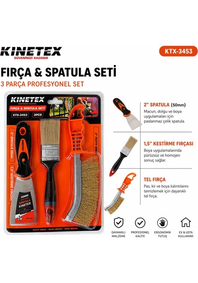 Kinetex Fırça & Spatula Seti 3 Parça Tel Fırça + Boya Fırçası + Spatula