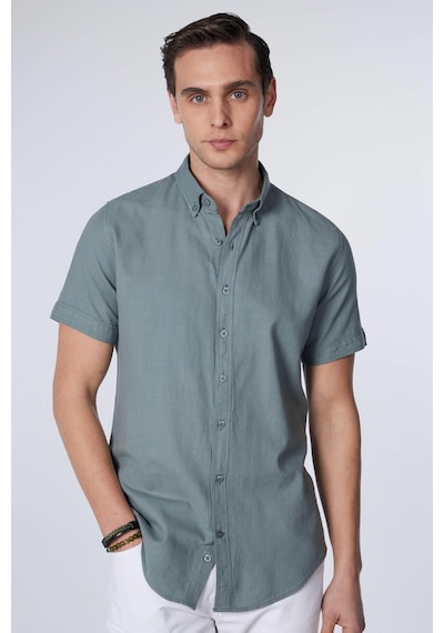 Tudors Slim Fit Kısa Kollu Düğmeli Yaka Düz Yazlık Keten Efekt Gri Erkek Gömlek-30930-gri Gri
