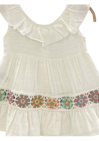 Çikoby Kız Bebek Motifli Yakası Fırfırlı Elbise-13952 Ekru