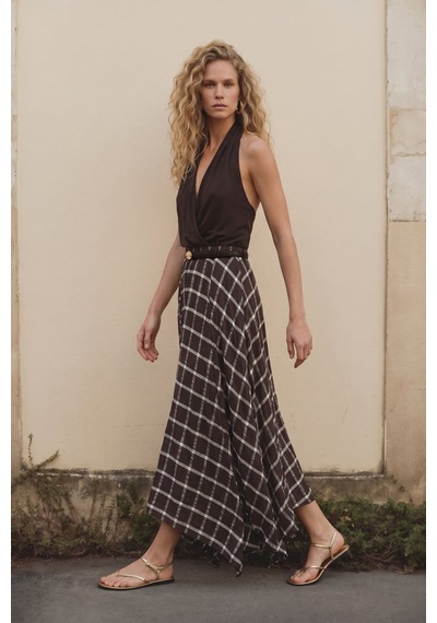 Sateen Uzun Ekose Etek - Kahve-137708