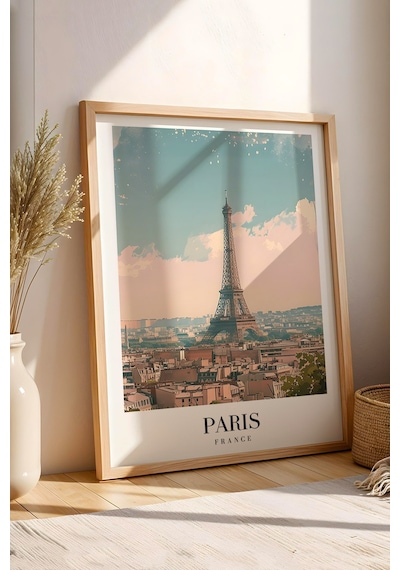 Paris France Vintage Seyahat Posteri Çerçeveli Tablo - Premium Eyfel Kulesi Elit Duvar Dekoru Kayın