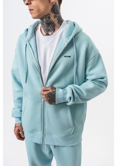 Erkek Respire Yazı Detaylı Kapüşonlu Basic Zip Oversize Hoodie Bebe Mavi