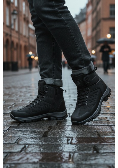 Siyah Kırışık İçi Kürklü Soğuğa Dirençli Kaymaz Taban Unisex Outdoor Bot 980 G Siyah