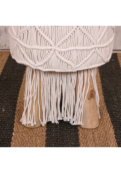 Makrome Tabure Puf & Stools - Doğal Teak Gövde 33x48 Cm Beyaz