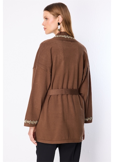 On Kadın Beli Kuşaklı Taşlı Triko Hırka 10903 Kahverengi