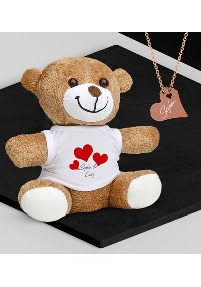 Kişiye Özel Sevgililer Temalı Peluş Ayıcık Ve Rose Kalp Kolye Set (409001202)