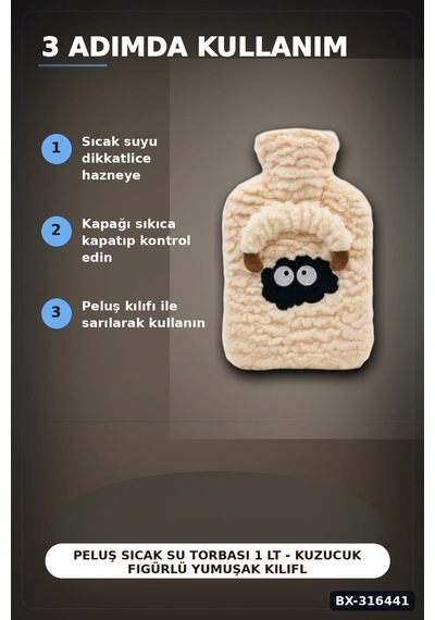 Peluş Sıcak Su Torbası 1 Lt - Kuzucuk Figürlü Yumuşak Kılıflı Termal Torba Bx-316441 Çok Renkli