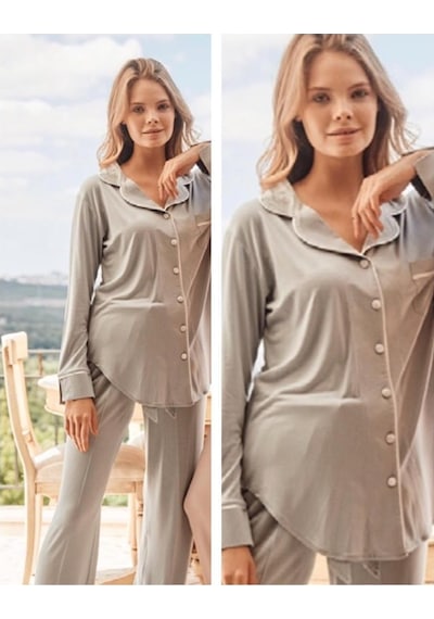 Bone Club 5126 Gri Noktalı Önden Düğmeli Lohusa Pijama Tk 001