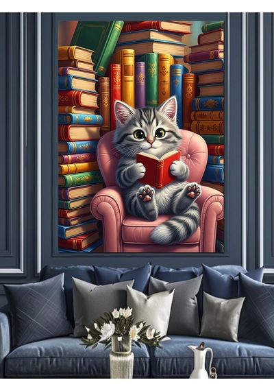 Ahşap Tablo Kütüphanede Kitap Okuyan Kedi