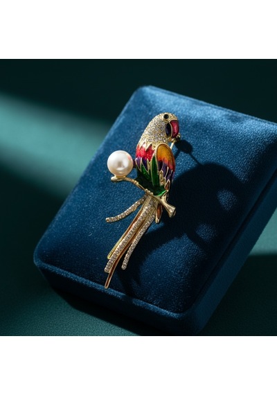 Papağan Broş 5 Cm Zirkon Taşlı İnci Detaylı Gold Renk Renkli
