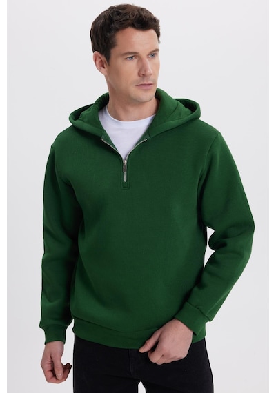 Tudors Unisex Relax Fit Rahat Kesim Pamuklu İçi Polarlı Yarım Fermuarlı Yeşil Kapüşonlu Sweatshirt-37026