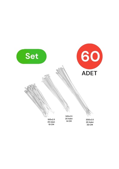 Tr Tek-iş Beyaz Plastik Kablo Bağı Seti 100mm 150mm 250mm X 2.5mm 60 Adet Dayanıklı Cırt Kelepçe Kablo D Genel