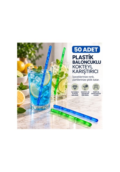 Plastik Baloncuklu Kokteyl Karıştırıcı 50 Adet Renkli İçecek Karıştırma Çubuğu - 920879689