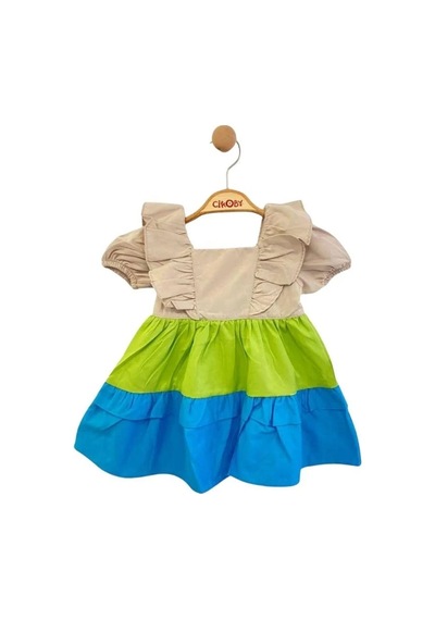 Çikoby Kız Bebek Fırfırlı Dokuma Elbise-13891 Çok Renkli