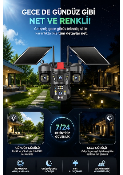 4 Kameralı Wifi 12mp Çift Solar Panelli Hareket Algılamalı Güvenlik Kamerası