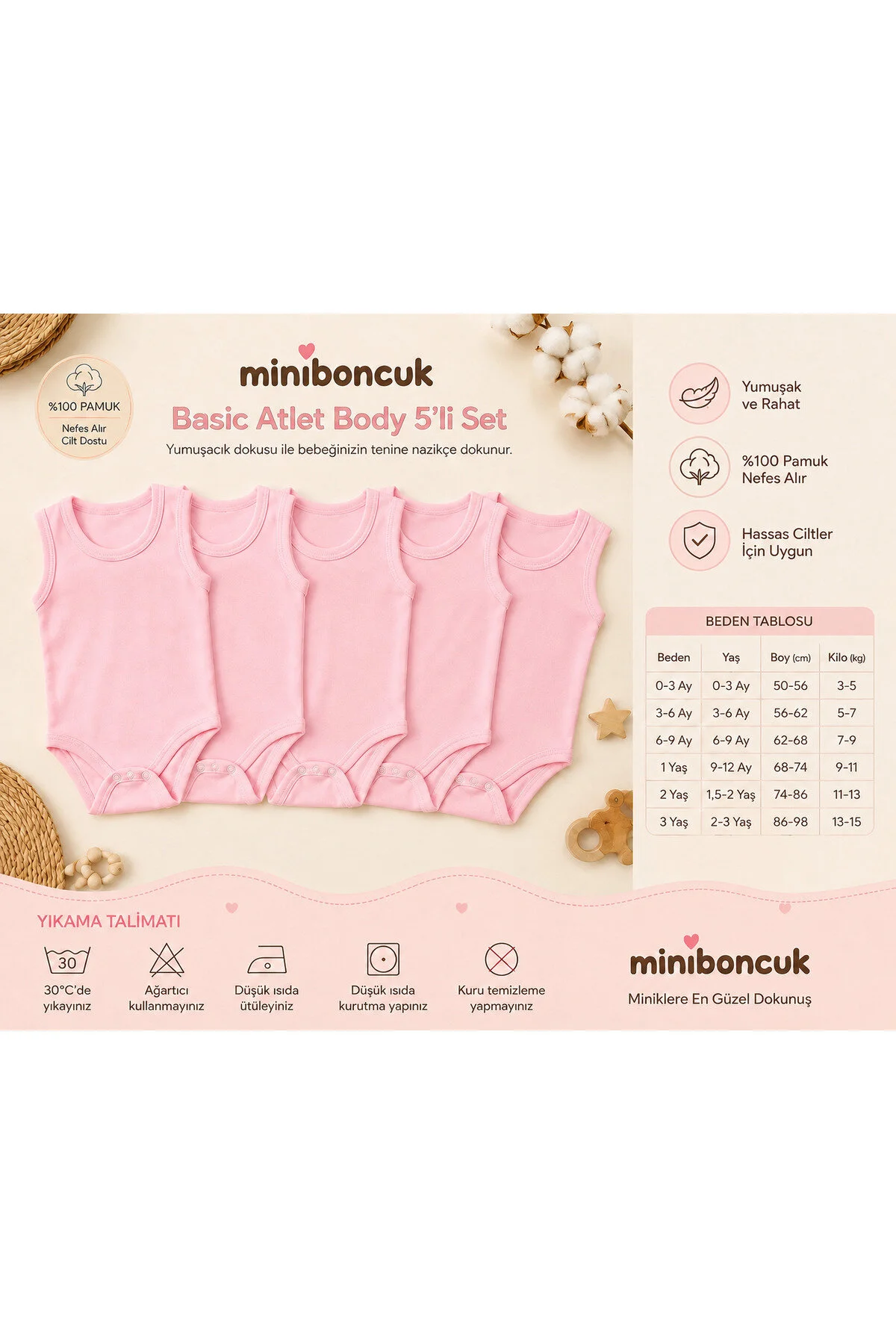 Mini Boncuk %100 Pamuk 5 Li Pembe Askılı Bebek Body Atlet Seti