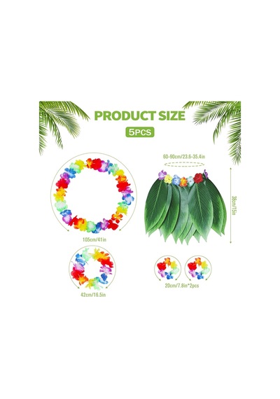 Populermarketim - Yetişkin Hawaii Kostüm Seti - Yaprak Etek Hawaii Set - 5 Parça Standart