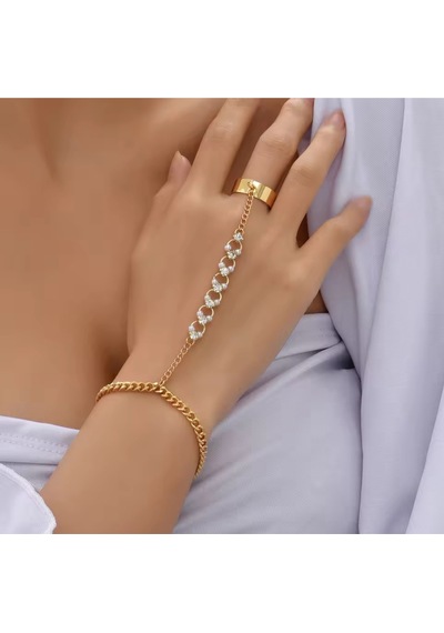 Girift Vintage Silva Gold Taşlı Zincirli Şahmeran El Takısı - El Aksesuarı Altın