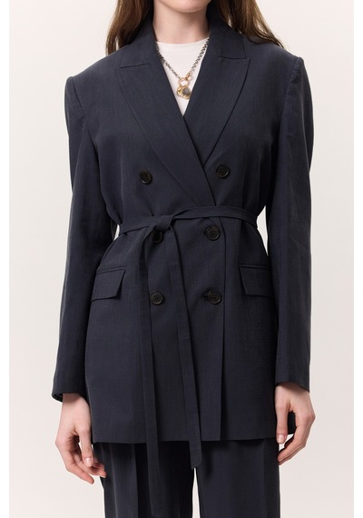 Manuka Tencel Kemerli Kruvaze Blazer Ceket İndigo Indigo