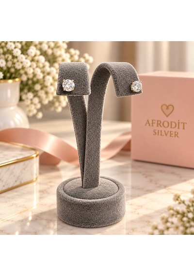 925 Ayar Gümüş 6 Mm Zirkon Taşlı Sarı Gold Kaplama Kadın Küpe Altın - Gümüş