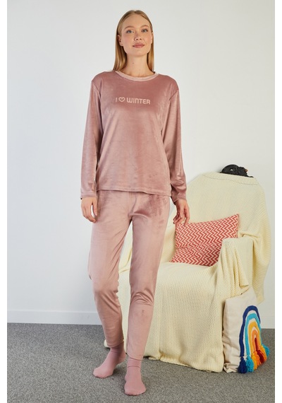 Fullamoda I Love Winter Kabartma Baskılı Kadife Pijama Takımı Gül
