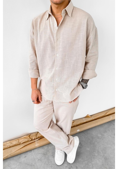 Taş Premium Keten Basic Oversize Gömlek Taş