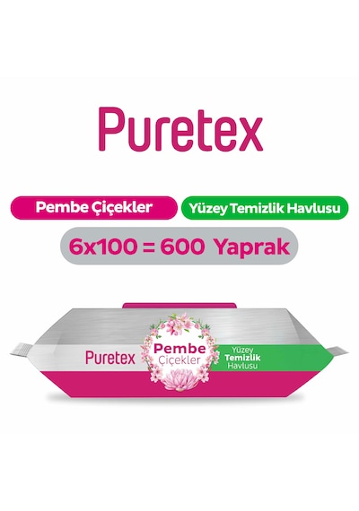 Puretex Yüzey Temizlik Havlusu Pembe Çiçekler 6x100 600 Yaprak Beyaz