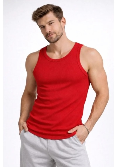 Vexor Erkek Fitilli Atlet Sıfır Yaka Slim Fit Arka Baskılı Spor Atlet - Kırmızı