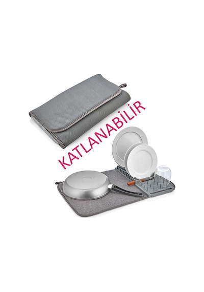 Tezgah Üstü Bulaşıklık Bulaşık Kurutma Matı Süzgeci Katlanır Plastik Sepeti Kurulama Bezi Örtüs Gri