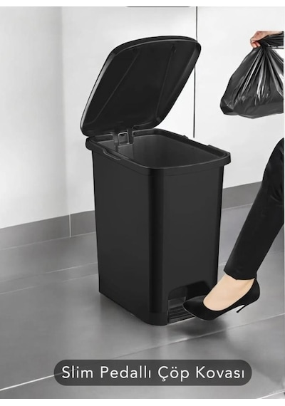 Omnipazar Srl-3028 Slim Pedallı İç Kovalı Plastik Çöp Kovası 15 Litre Siyah