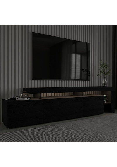 Beliz Modern LED Işıklı 3 Kapaklı, Raflı TV Sehpası – 192 cm, Ahşap Siyah Beliz Modern LED Işıklı 3 Kapaklı, Raflı TV Sehpası – 192 cm, Ahşap Siyah