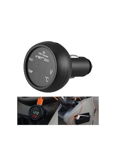 3'ü 1 Arada Dijital Led Usb Araç Şarj Cihazı Voltmetre Termometre Araç Aküsü Monitörü No.94632 Newway