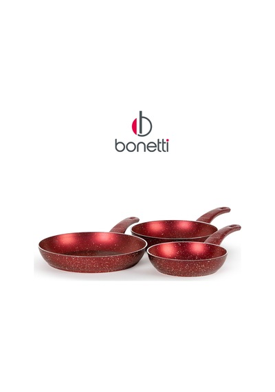 Bonetti Premium 3'lü Granit Tava Seti Yanmaz Yapışmaz Çizilmez Kırmızı 20-24-28 Cm Kırmızı