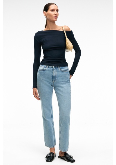 Grımelange OLIVIENN Kadın Omuzu Açık Asimetrik Yakalı Uzun Kollu Slim Fit Lacivert Bluz Grımelange OLIVIENN Kadın Omuzu Açık Asimetrik Yakalı Uzun Kollu Slim Fit Lacivert Bluz