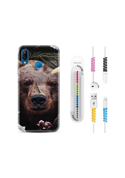 Huawei P20 Lite Kılıf Kablo Koruyuculu Flowers Bear 1337