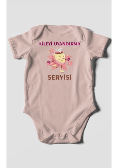 Aileyi Uyandırma Servisi Baskılı Bebek Zıbını Çıtçıtlı Body %100 Pamuk Kısa Kol Pastel Pembe