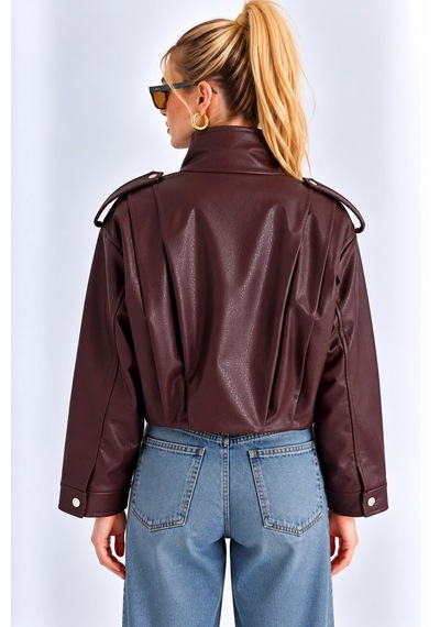 Mevese Kadın Siyah Dik Yaka Apolet Detaylı Çıtçıtlı Oversize Astarlı Suni Deri Ceket- Bordo Mevese Kadın Siyah Dik Yaka Apolet Detaylı Çıtçıtlı Oversize Astarlı Suni Deri Ceket- Bordo