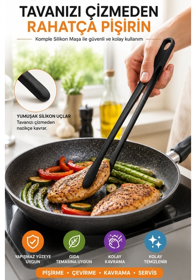 29 Cm Siyah Silikon Mutfak Maşası Büyük Boy Tek Parça Kızartma Servis Salata Maşası Pratik Uzun Sapı