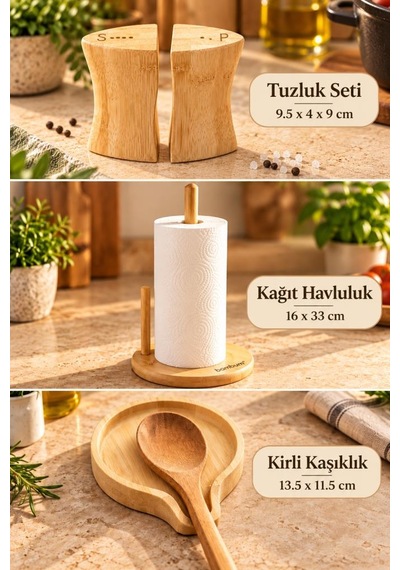 Atbyhome Bambum 3'lü Bambu Tezgah Üstü Mutfak Seti - Kağıt Havluluk Kirli Kaşıklık Ve İkili Tuzluk Biberlik