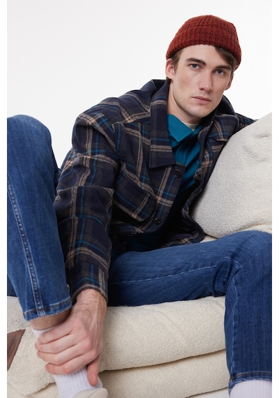 Wrangler Loose Fit Rahat Kesim Lacivert Ekoseli Shacket Ceket W232406410 Lacivert