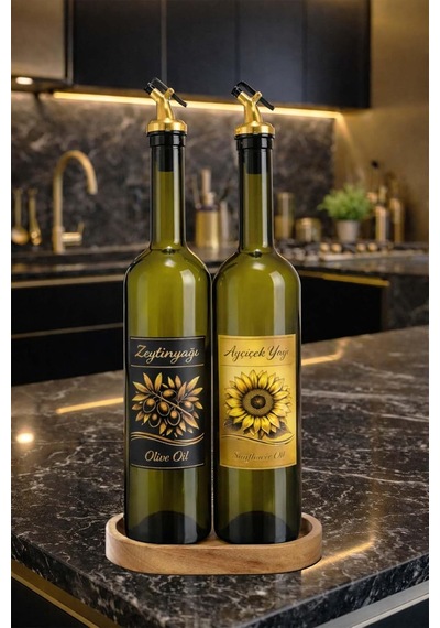 Zeytinyağı Ve Ayçiçek Yağı Şişesi Seti, Altın Etiket Ve Yağdanlık Aparatlı, Ahşap Standlı 750 Ml, 2 Adet, Yeşil Cam Şişe Standlı, Altın