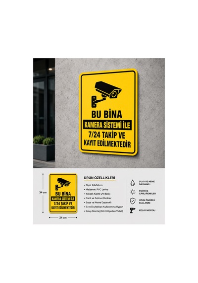 Bu Bina Kamera Sistemi İle 7/24 Takip Ve Kayıt Edilmektedir 4mm Dekota Üzeri Folyo Tabela Levhası 24x34cm Sarı