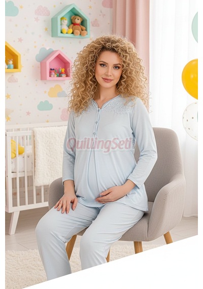 Lady Bebe Mavi Renkli Dantel Detaylı, 33201 Uzun Kol, 2 Parça Lohusa Hamile Pijama Takımı Açık Mavi