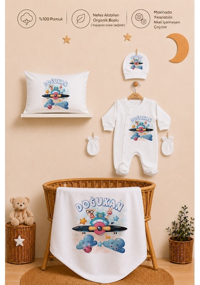 Pia Baby Erkek Bebek %100 Pamuk İsme Özel Hastane Çıkışı Tulum Seti Yastık Kılıfı Battaniyeli 2048tyb0x Ekru