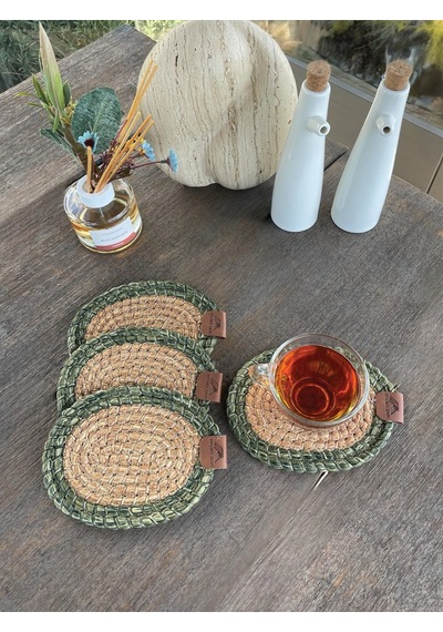 4 Adet Oval Dekoratif Bardak Altlığı Seti - Yuvarlak , Leke Tutmaz - Naturel-yeşil 13x17 Cm Yeşil