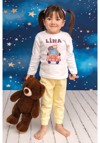Pia Baby İsimli Kız Çocuk Pijama Takımı %100 Pamuk Penye İsme Özel Baskılı Kişiselleştirilebilir Pijama Seti 20751s14pi Krem