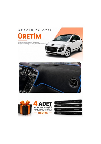 Peugeot 3008 Ekransız 2010-2015 Uyumlu Torpido Koruma Örtüsü Oto Kılıfı - Siyah Mavi