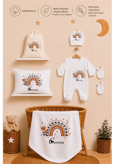 Pia Baby Kız Bebek %100 Pamuk İsme Özel Hastane Çıkışı Hediye Seti Yastık Tulum Battaniye Ve Kese 1039tybk3x Krem